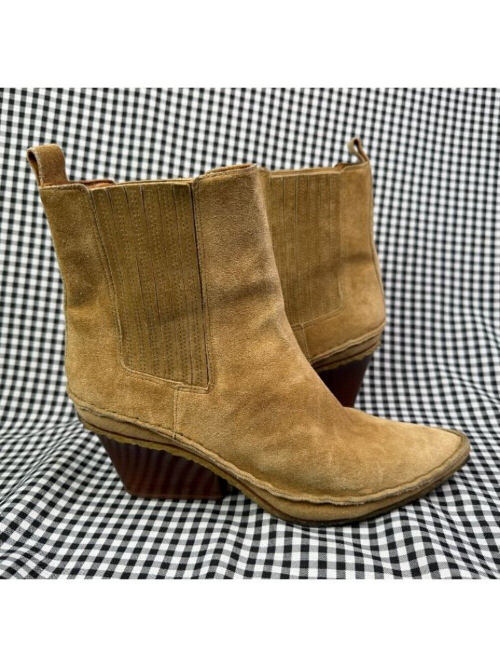Tory Burch Lila Western Ankle Boots Womens 8.5 Brown Suede Heel Designer Rustic